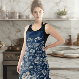 Mrs Chef Typografie Indigo Franse Toile Bloem Schort