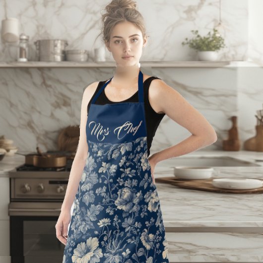 Mrs Chef Typografie Indigo Franse Toile Bloem Schort