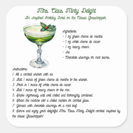 Mrs Claus Minty Delight Cocktail Recept Vierkante Sticker (Voorkant)