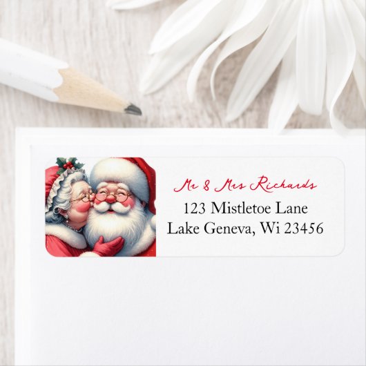 Mrs Clause Kissing Santa Schattige Kerstmis Etiket (Insitu)