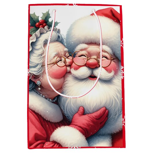Mrs Clause Kissing Santa Schattige Kerstmis Medium Cadeauzakje (Voorkant)