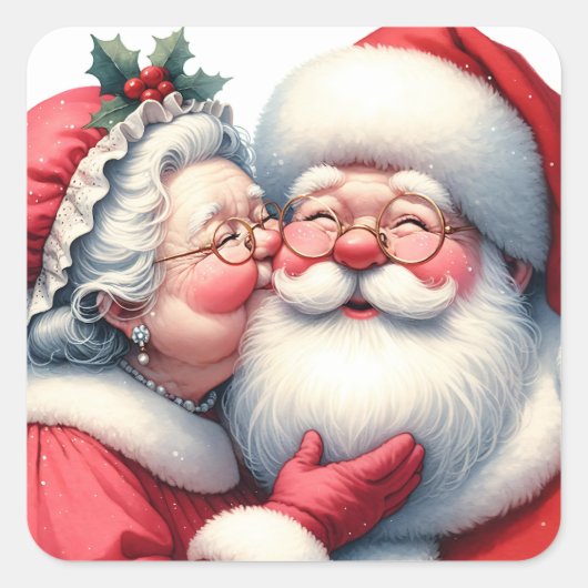 Mrs Clause Kissing Santa Schattige Kerstmis Vierkante Sticker (Voorkant)