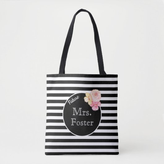 Mrs Custom Achternaam met zwart-witte strepen Tote Bag (Voorkant)