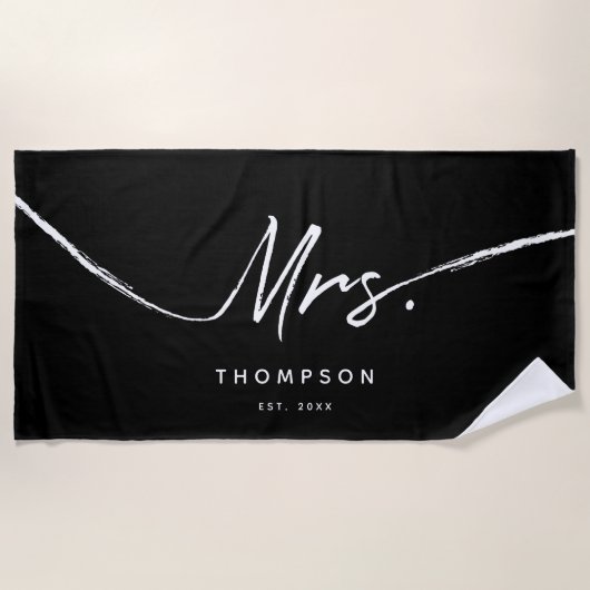 Mrs Custom Modern Black White Minimalist Script Strandlaken (Voorkant)