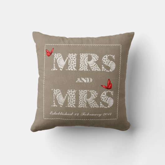 Mrs. en Mrs White Lace Word Art Red Butterflies Kussen (Achterkant)