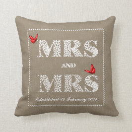 Mrs. en Mrs White Lace Word Art Red Butterflies Kussen