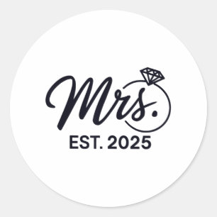 Mrs Est. 2025 Net getrouwd met bruidsparen Mr. en Ronde Sticker