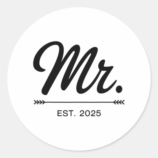 Mrs Est. 2025 Net getrouwd met huwelijksfeest Mr e Ronde Sticker (Voorkant)