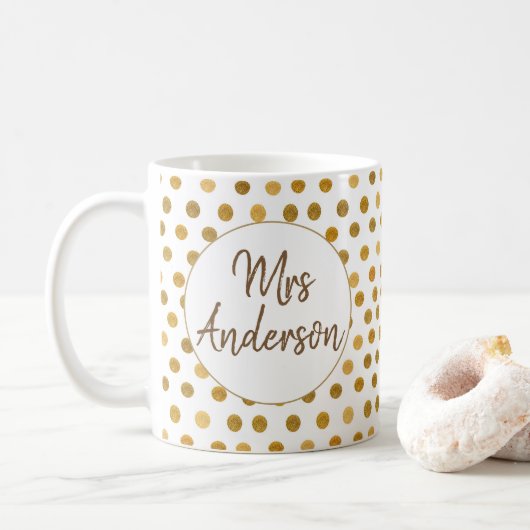 Mrs. Gold Glliter Polka Dots, gepersonaliseerd Koffiemok (Met donut)