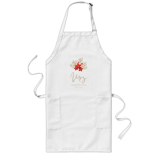 MRS. Kerstman Holly Branches Poinsettias Bouquet Lang Schort (Voorkant)