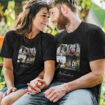 Mrs Love Passen getrouwd Trouwfoto Collage Zwart T-shirt<br><div class="desc">Speciale gepersonaliseerde pasgetrouwde trouwfoto collage t-shirt om uw eigen speciale trouwfoto's en herinneringen weer te geven. Ons ontwerp is voorzien van een eenvoudig 4 foto collage raster ontwerp met de werelden "Liefde" elke letter van het woord liefde wordt weergegeven over de foto. Pas aan met je voornamen op de voor-...</div>