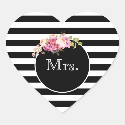 Mrs. met Black & White Stripes en Flowers Hart Sticker (Voorkant)