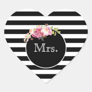 Mrs. met Black & White Stripes en Flowers Hart Sticker