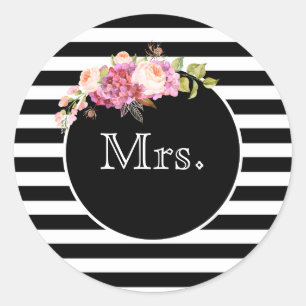 Mrs. met Black & White Stripes en Flowers Ronde Sticker