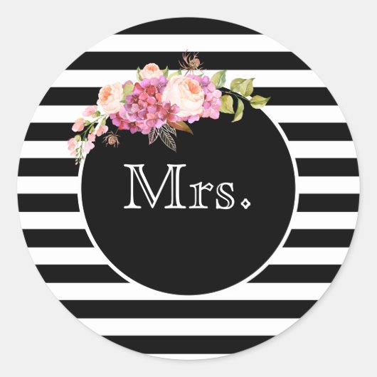 Mrs. met Black & White Stripes en Flowers Ronde Sticker (Voorkant)