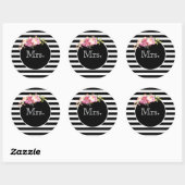 Mrs. met Black & White Stripes en Flowers Ronde Sticker (Vel)