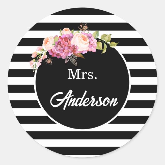 Mrs. met Black & White Stripes en Flowers Ronde Sticker (Voorkant)