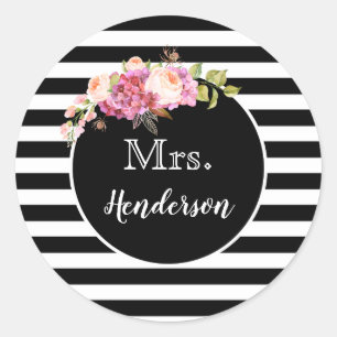 Mrs. met Black & White Stripes en Flowers Ronde Sticker