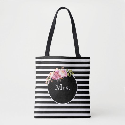 Mrs. met Black & White Stripes en Flowers Tote Bag (Voorkant)