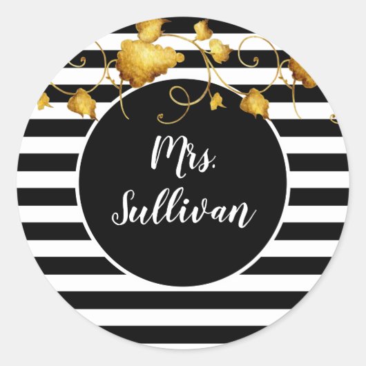 Mrs. met zwarte & witte stripes Gold Leaves Ronde Sticker (Voorkant)