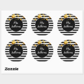 Mrs. met zwarte & witte stripes Gold Leaves Ronde Sticker (Vel)