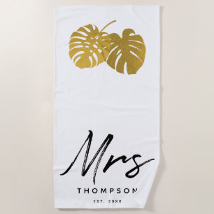 Mrs. Modern Gouden Monstera Tropische Bladeren Sch Strandlaken