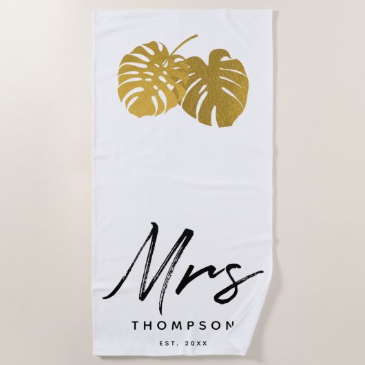Mrs. Modern Gouden Monstera Tropische Bladeren Sch Strandlaken (Voorkant)