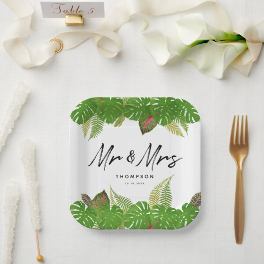 Mrs Modern Tropical Leaves Script Wedding Papieren Bordje (Huwelijk)