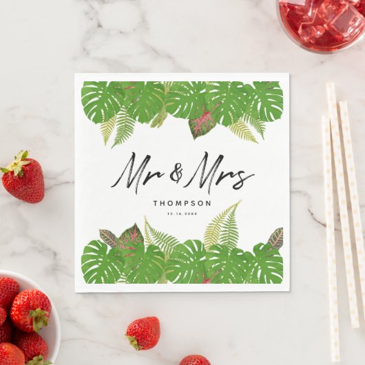 Mrs Modern Tropical Leaves Script Wedding Servet (Insitu)