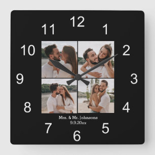 mrs & mr zwart wit 4 foto collage huwelijk vierkante klok