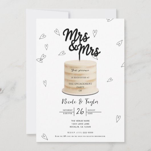 Mrs & Mrs Cake & Hearts Zwart Wit Verloving Kaart (Voorkant)