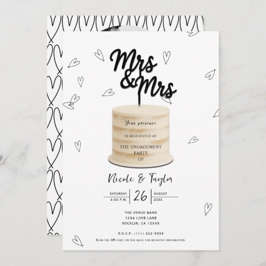 Mrs & Mrs Cake & Hearts Zwart Wit Verloving Kaart (Voorkant / Achterkant)