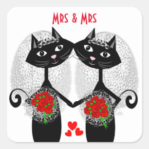 Mrs + Mrs Lesbisch Huwelijk Kat Schattige Bruiden  Vierkante Sticker