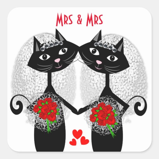Mrs + Mrs Lesbisch Huwelijk Kat Schattige Bruiden  Vierkante Sticker (Voorkant)