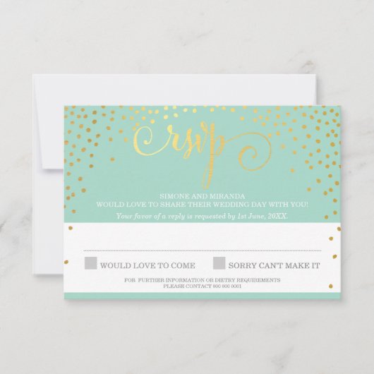 MRS & MRS RSVP ANTWOORD RUSTIEK goud confetti mint (Voorkant)