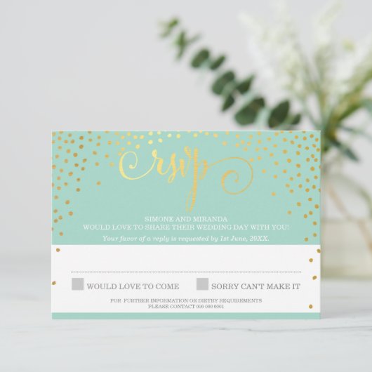 MRS & MRS RSVP ANTWOORD RUSTIEK goud confetti mint (Staand voorkant)