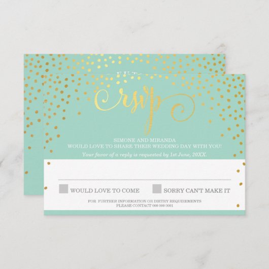 MRS & MRS RSVP ANTWOORD RUSTIEK goud confetti mint (Voorkant / Achterkant)