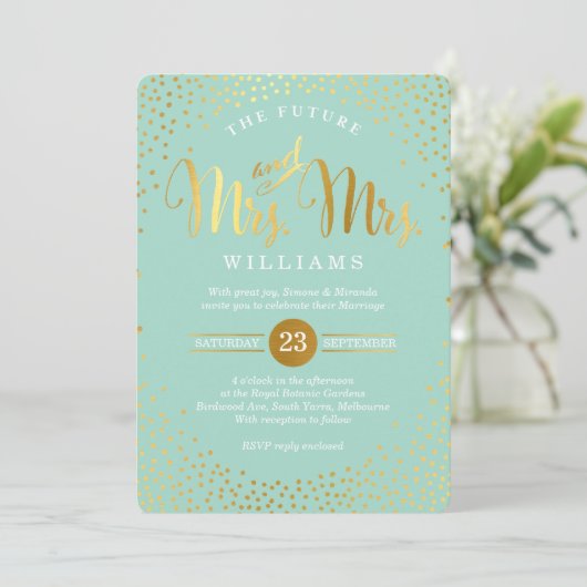 MRS & MRS STYLISH BRUILOFT goud confetti mint Kaart (Staand voorkant)