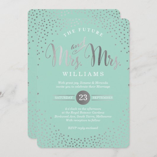 MRS & MRS STYLISH BRUILOFT zilveren confetti mint Kaart (Voorkant / Achterkant)