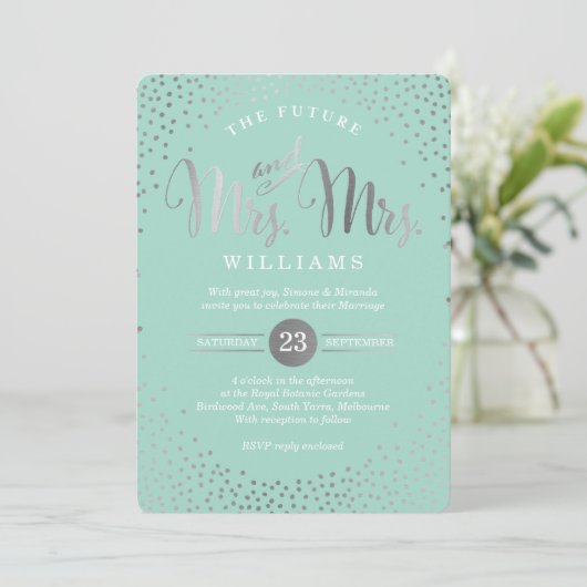 MRS & MRS STYLISH BRUILOFT zilveren confetti mint Kaart (Staand voorkant)