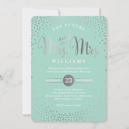 MRS & MRS STYLISH BRUILOFT zilveren confetti mint Kaart (Voorkant)
