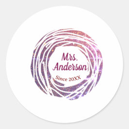 Mrs name pink mauve border since year wedding brid ronde sticker