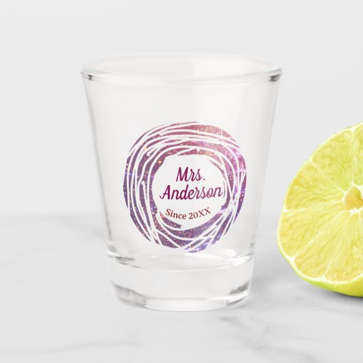 Mrs name pink mauve border since year wedding brid shot glas (Voorkant)