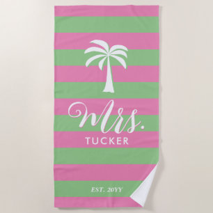 Mrs Palm Tree Beachy Roze Groen Huwelijkscadeau Strandlaken