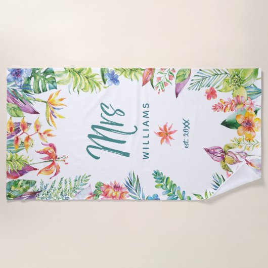 Mrs Pas getrouwd Tropical Floral Waterverf Script Strandlaken (Voorkant)