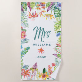 Mrs Pas getrouwd Tropical Floral Waterverf Script Strandlaken