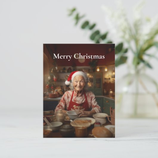 Mrs Santa Baking Cake Feestdagenkaart (Staand voorkant)