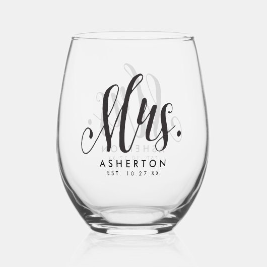 Mrs script gepersonaliseerd pasgetrouwde bruid wijnglas zonder voet (Achterkant)