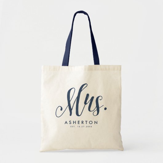 Mrs script marine blauw pasgetrouwde bruid tote bag (Voorkant)