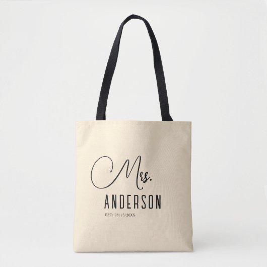 mrs tekst met aangepaste achternaam en datum Tote Tote Bag (Voorkant)